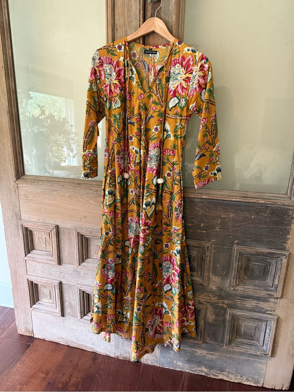 Boho Mustard Floral Maxi Dress with Tassel Tie